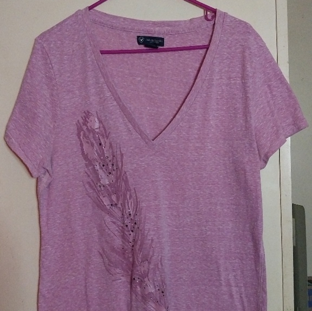 American Eagle Outfitters Purple Short Sleeve V-Neck Tee, With Feather Design